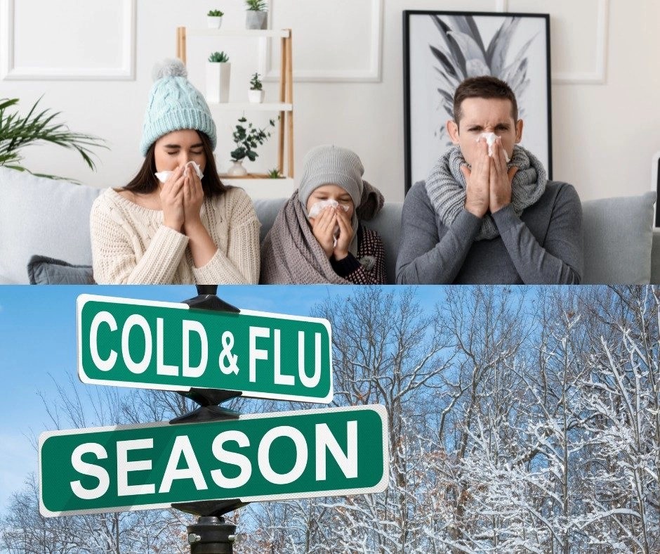 An image that is split. The top half is a sick family on a couch, blowing their noses. The bottom half is a street sign that says Cold & Flu Season with snowy trees in the background.