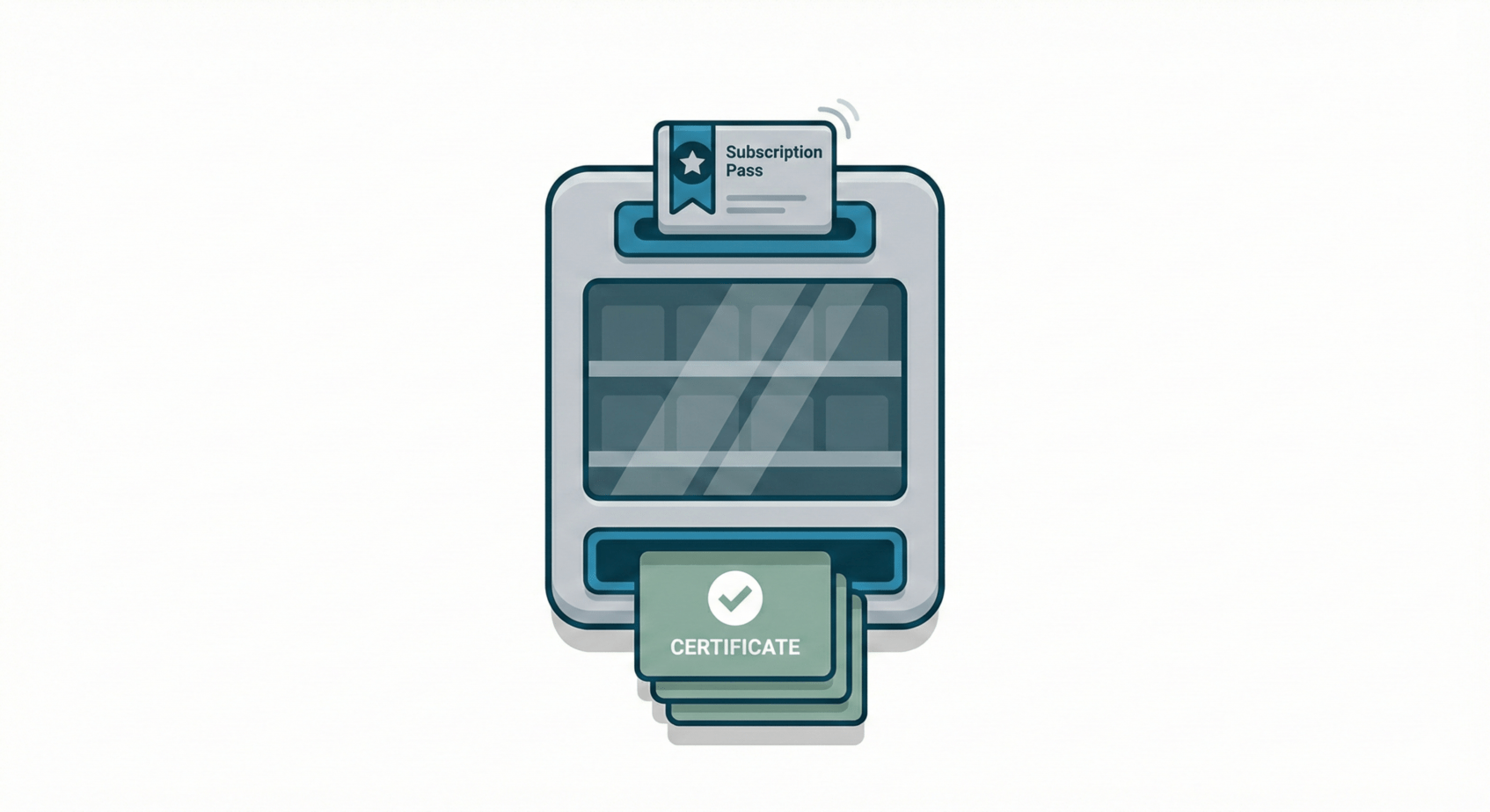 A machine that is accepting a card detailed with "CME access pass" on the top and dispensing certificates out the bottom representing CME subscriptions for easy credits