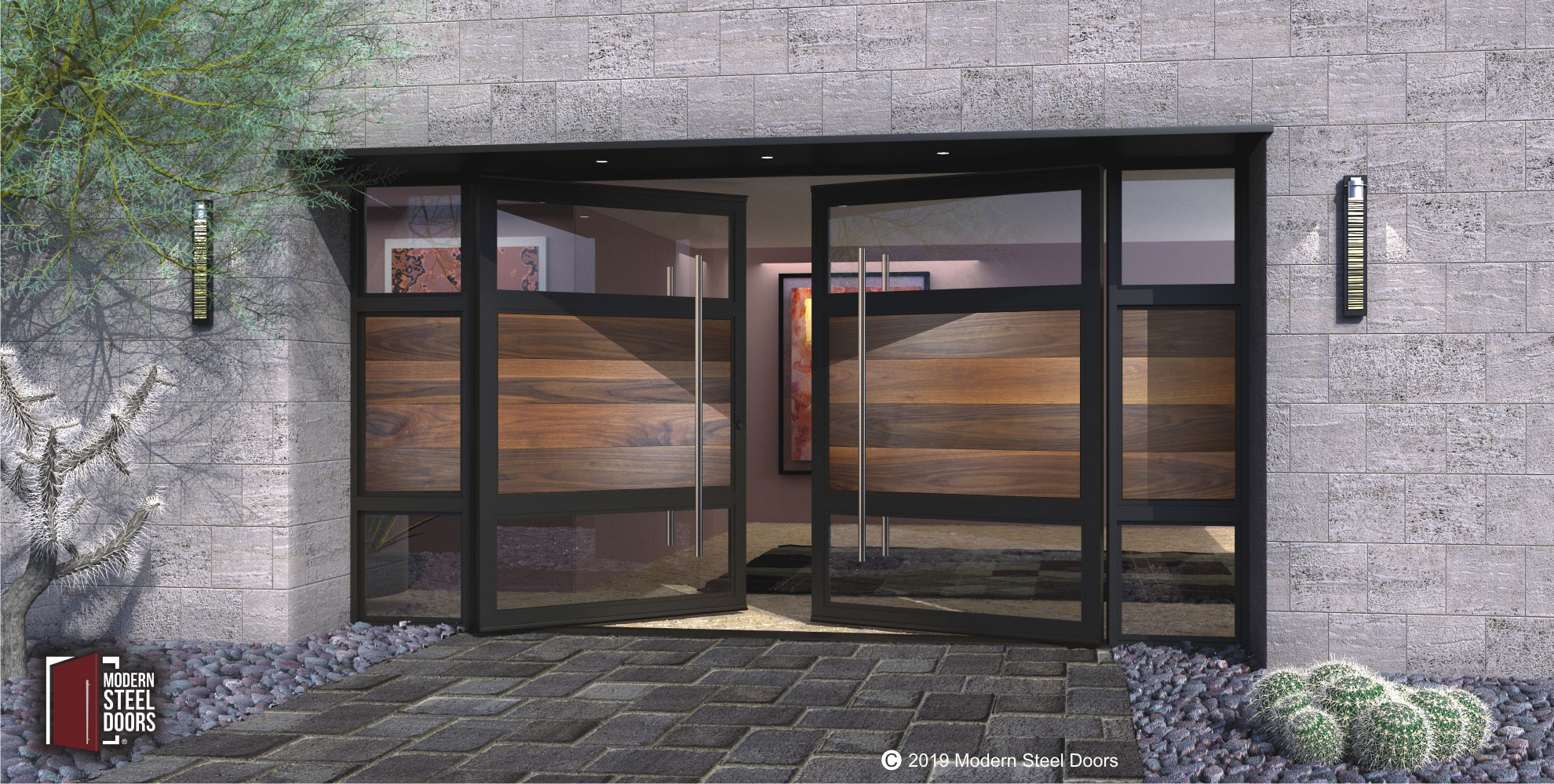 Walnut Horizon Double Doors Wooden Front Doors With Glass