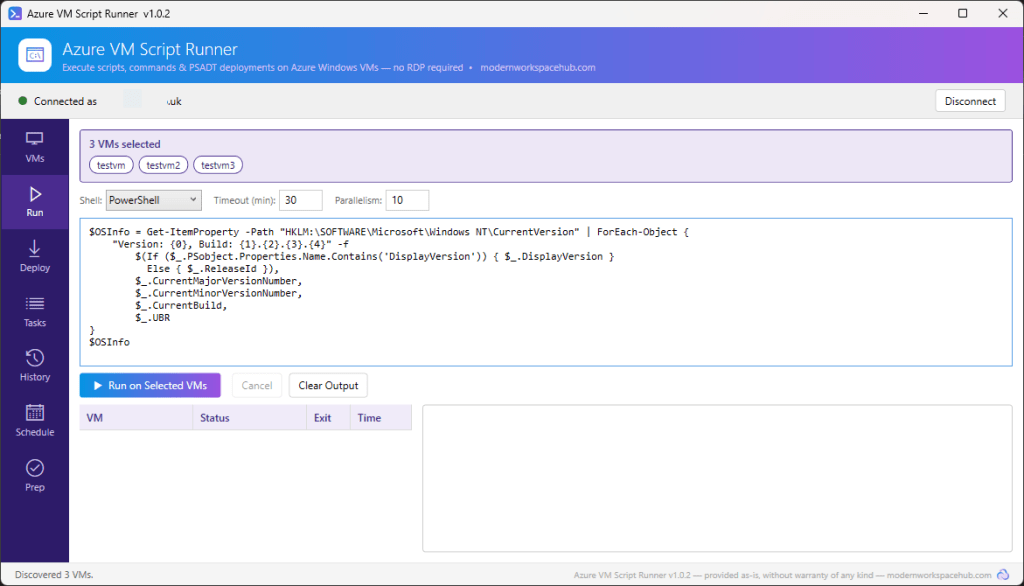 Azure VM Script Runner Run page with a PowerShell script to report the Windows version on three selected Azure VMs