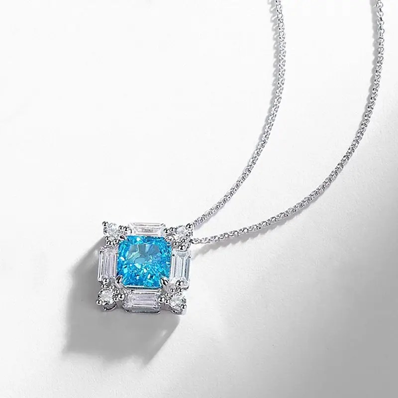 新款高碳钻石项链s925银色镶嵌方形冰花切割时尚欧洲美丽黄色钻石项链