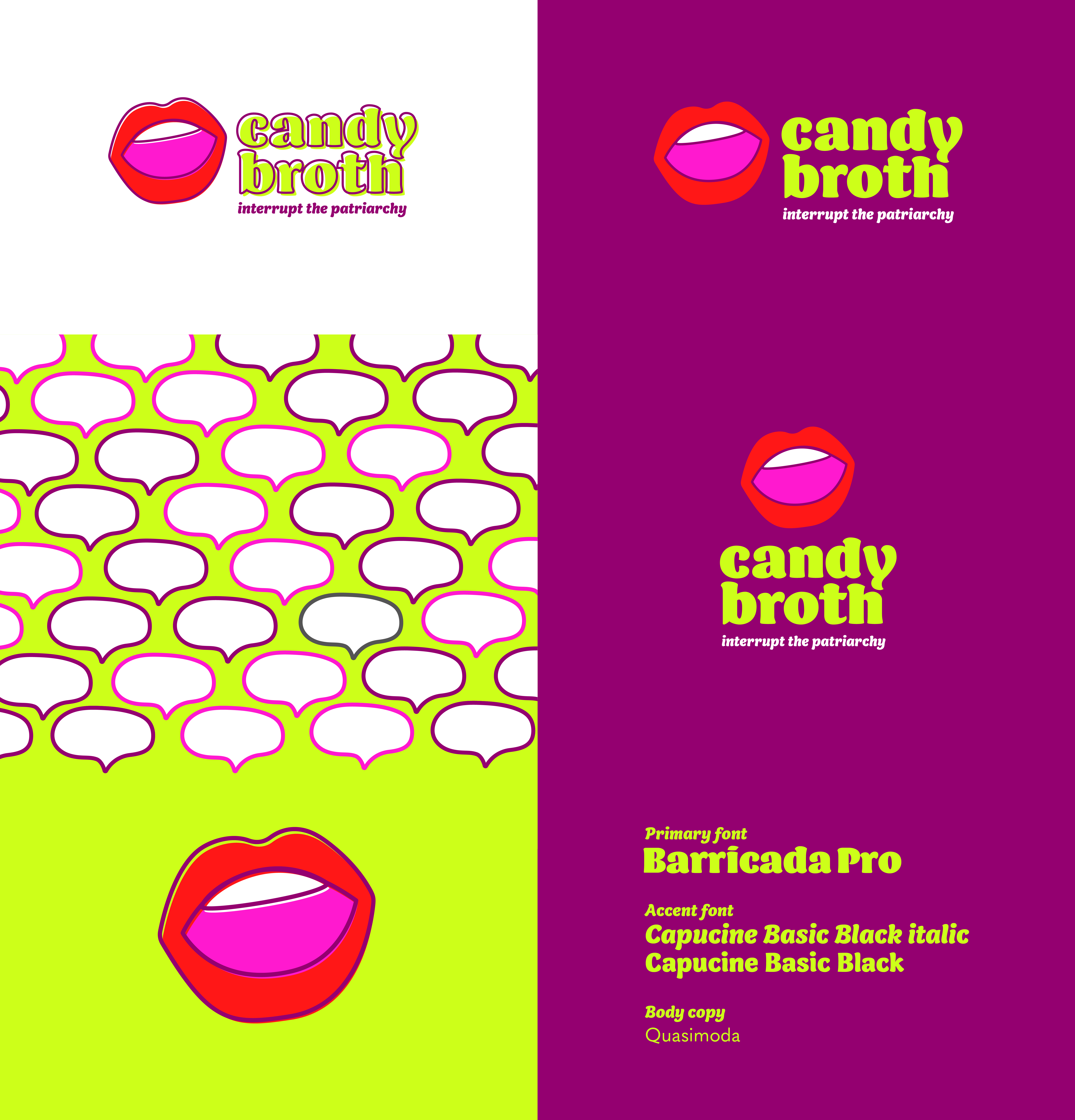 Candy Broth logos, color palette, and typography.