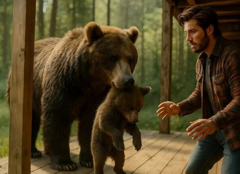 I stepped outside and saw a huge bear standing on the porch, holding a cub in its jaws: As I stared at them in shock, the mother bear gently set the cub down on the ground — and then did something completely unexpected