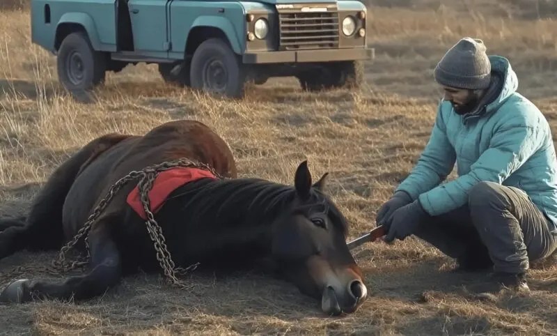A veterinarian breaking the rusty chains of a Wild stallion receives the purest act of gratitude