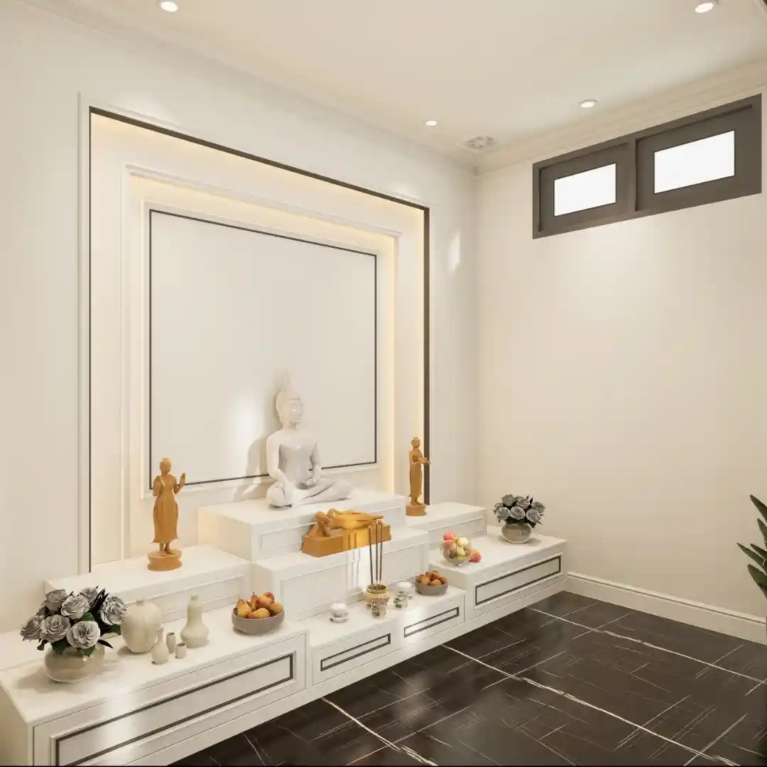 Minimalist meditation room with Buddha statue, white shelves, LED lighting, and black tile floor — serene modern spiritual space