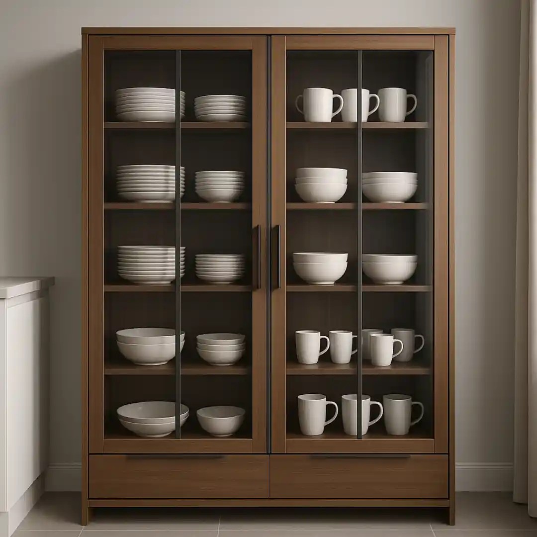 Wooden display cabinet with glass doors and white dishware.
