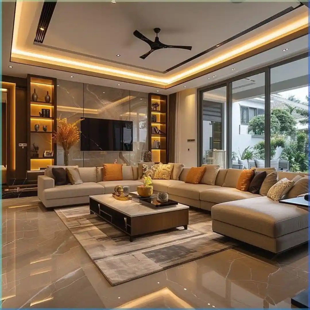 Luxurious living room with a large sectional sofa, elegant lighting, marble flooring, and a sleek TV wall with built-in shelves.