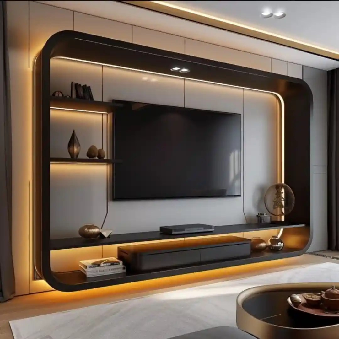 Modern TV wall with black frame, LED lighting, floating shelves, and sleek cabinet — futuristic living room design