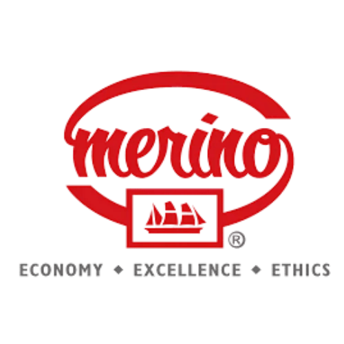Merino logo with red oval and ship icon — premium laminate brand for modular kitchens — trusted affordability and quality finishes