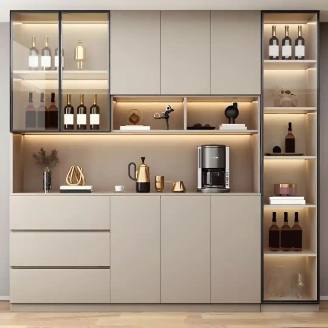 : Modern kitchen cabinet with illuminated shelves and coffee station.