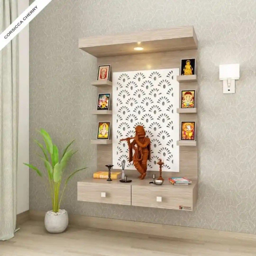 Modern wall-mounted temple with Krishna idol and decorative panels