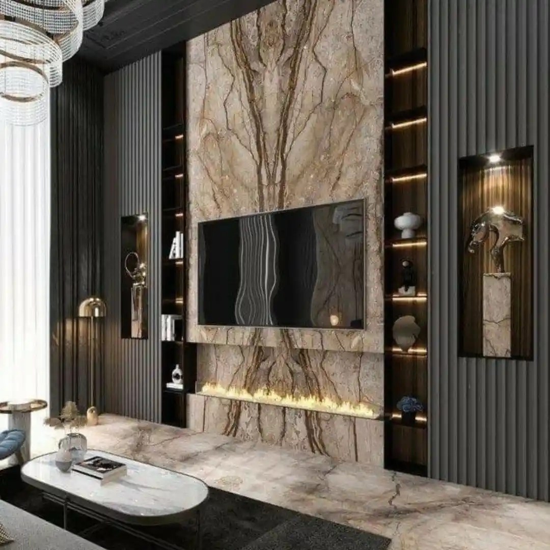 Luxurious TV wall with marble panel, LED lighting, fireplace, and open shelves — modern living room design