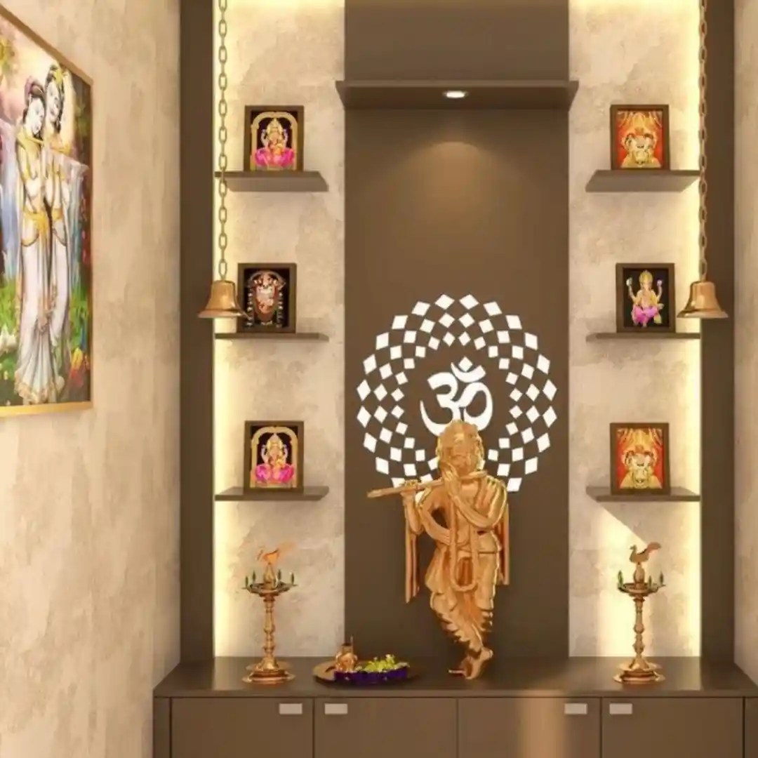 Elegant home temple with golden Krishna idol and Om projection
