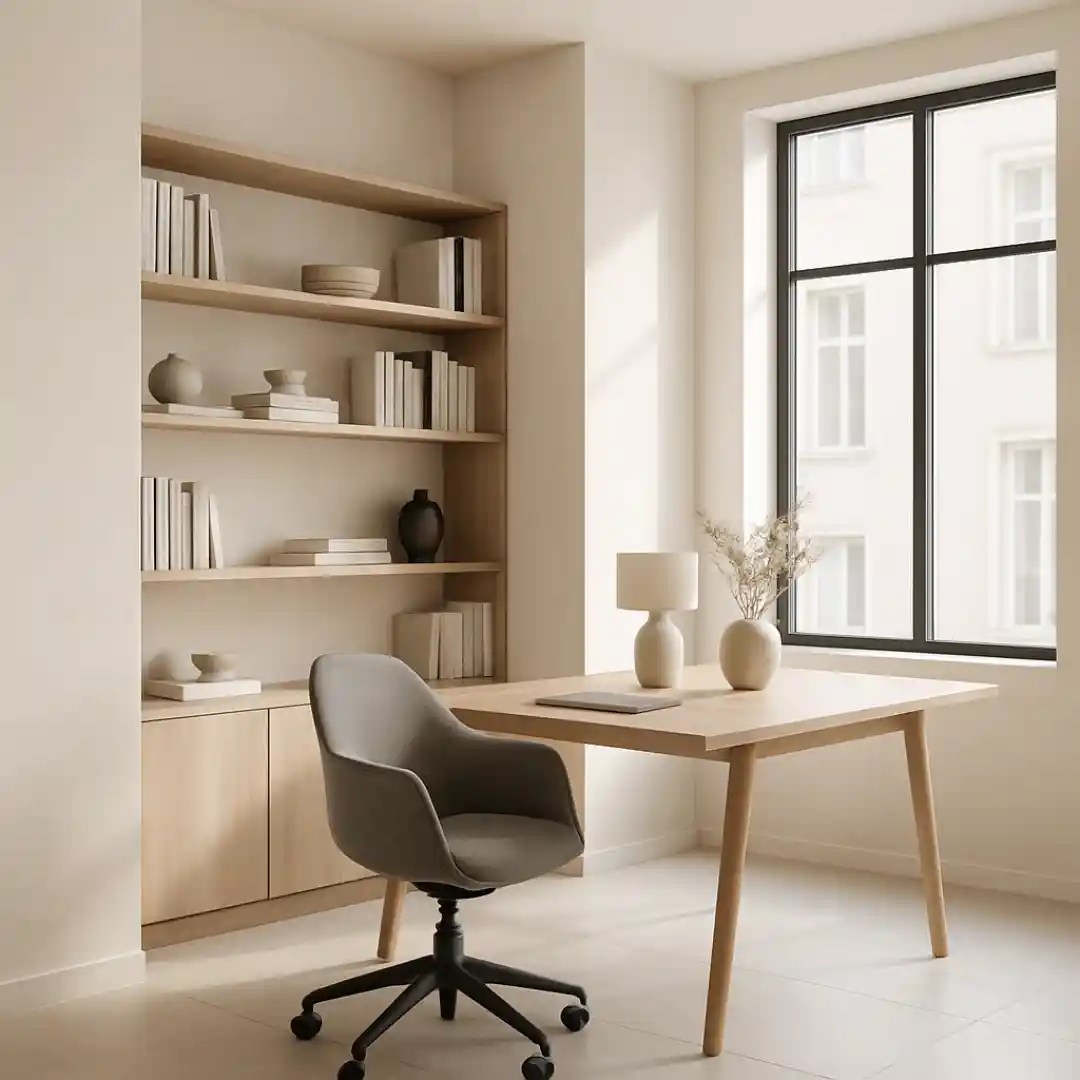 Minimalist home office with wooden desk, bookshelf, gray chair, natural light, and neutral decor — modern workspace design