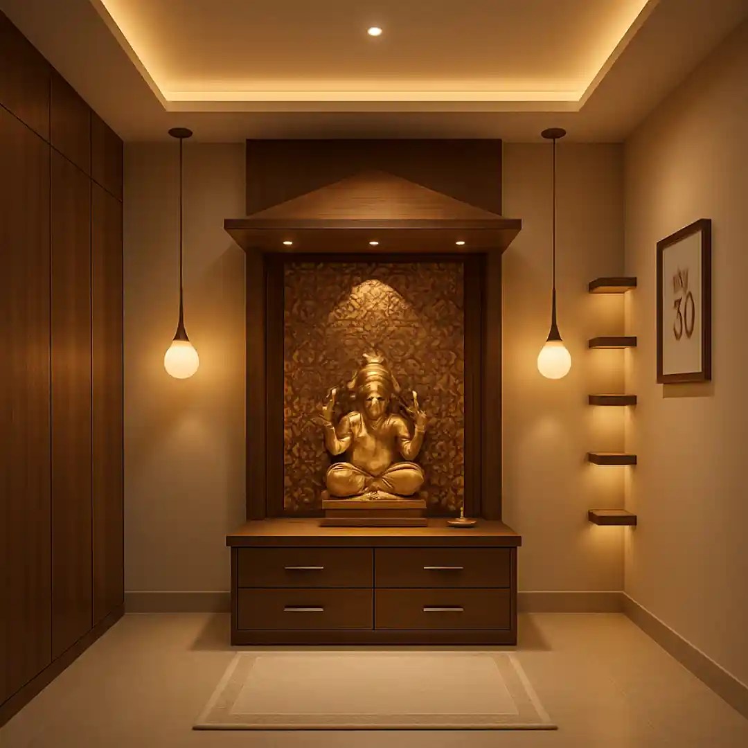 Modern home temple with golden Ganesha idol and warm lighting.