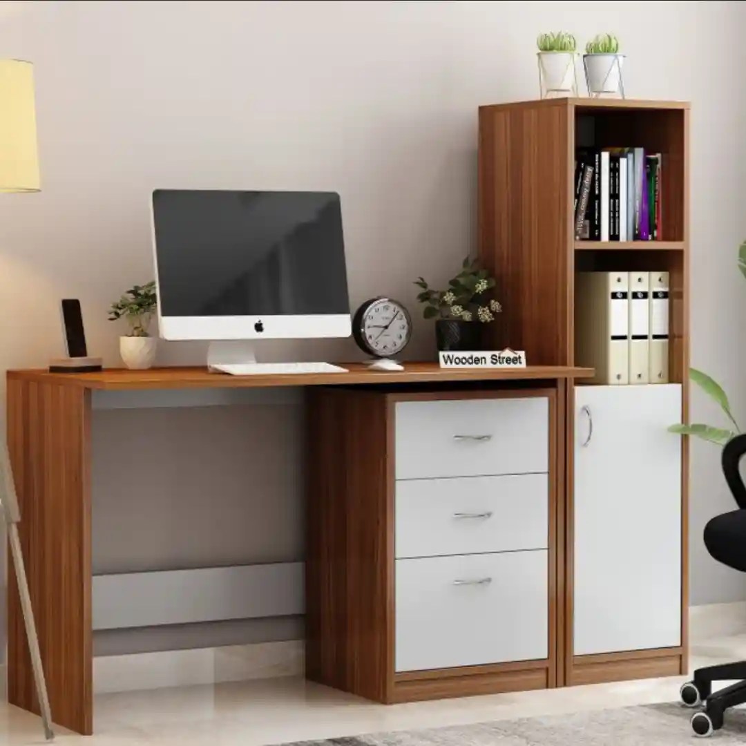 Wooden home office desk with white drawers, cabinet, shelves, monitor, and plants — modern workspace furniture design