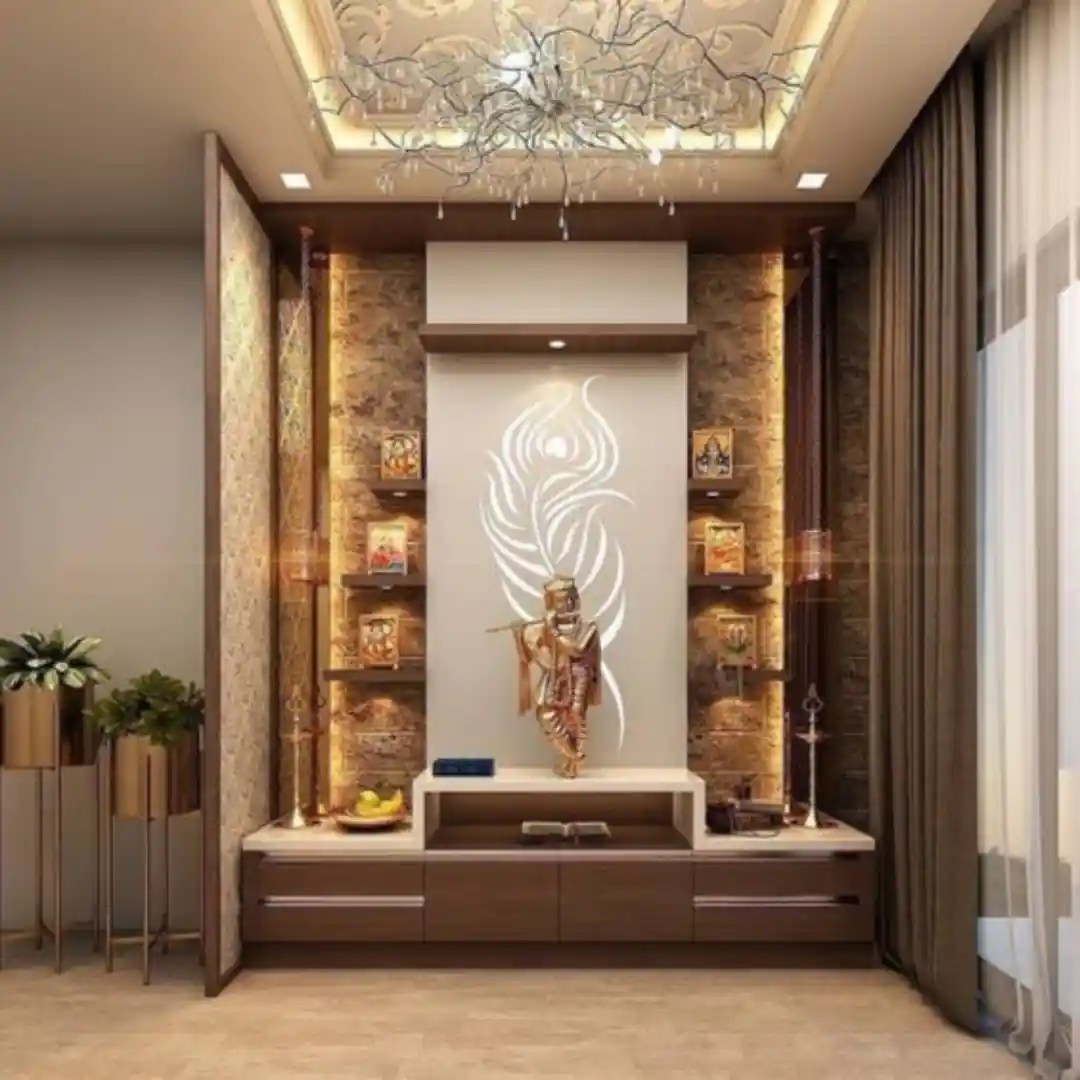 Elegant home temple with illuminated deity statue and shelves.