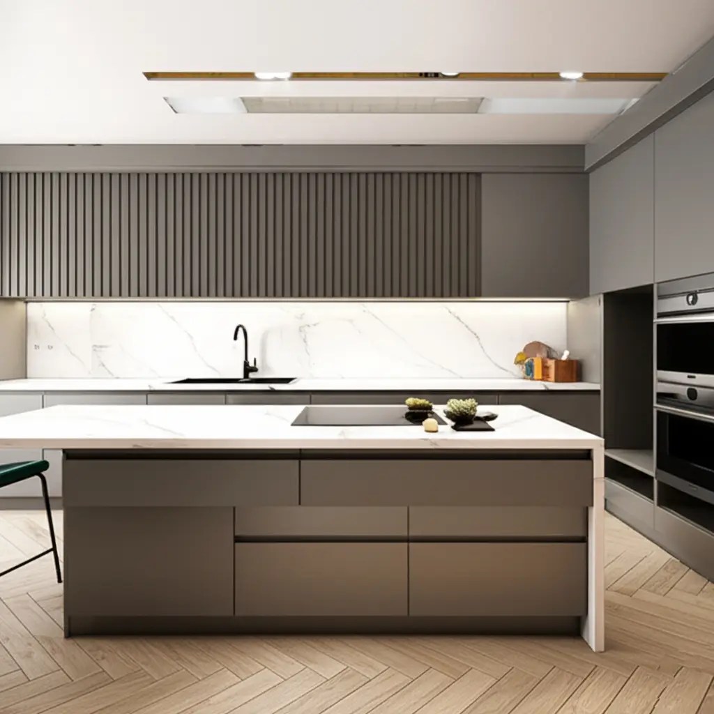 Modular kitchen with integrated appliances and hidden wiring — seamless design for tech-savvy homes in Delhi — smart and clutter-free kitchen