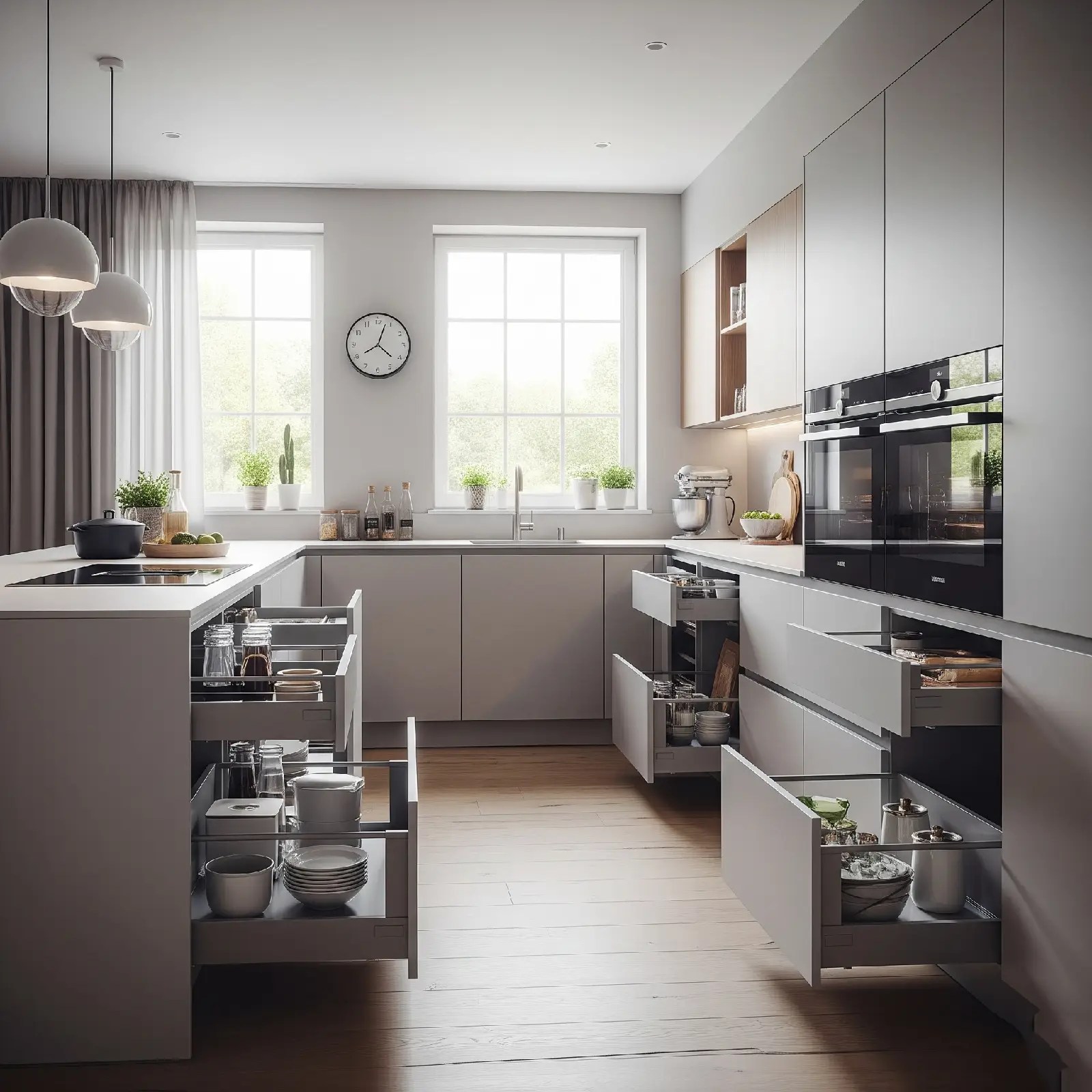 Modern kitchen with smart storage, open drawers, and sleek gray cabinetry, ideal for homes in Delhi NCR