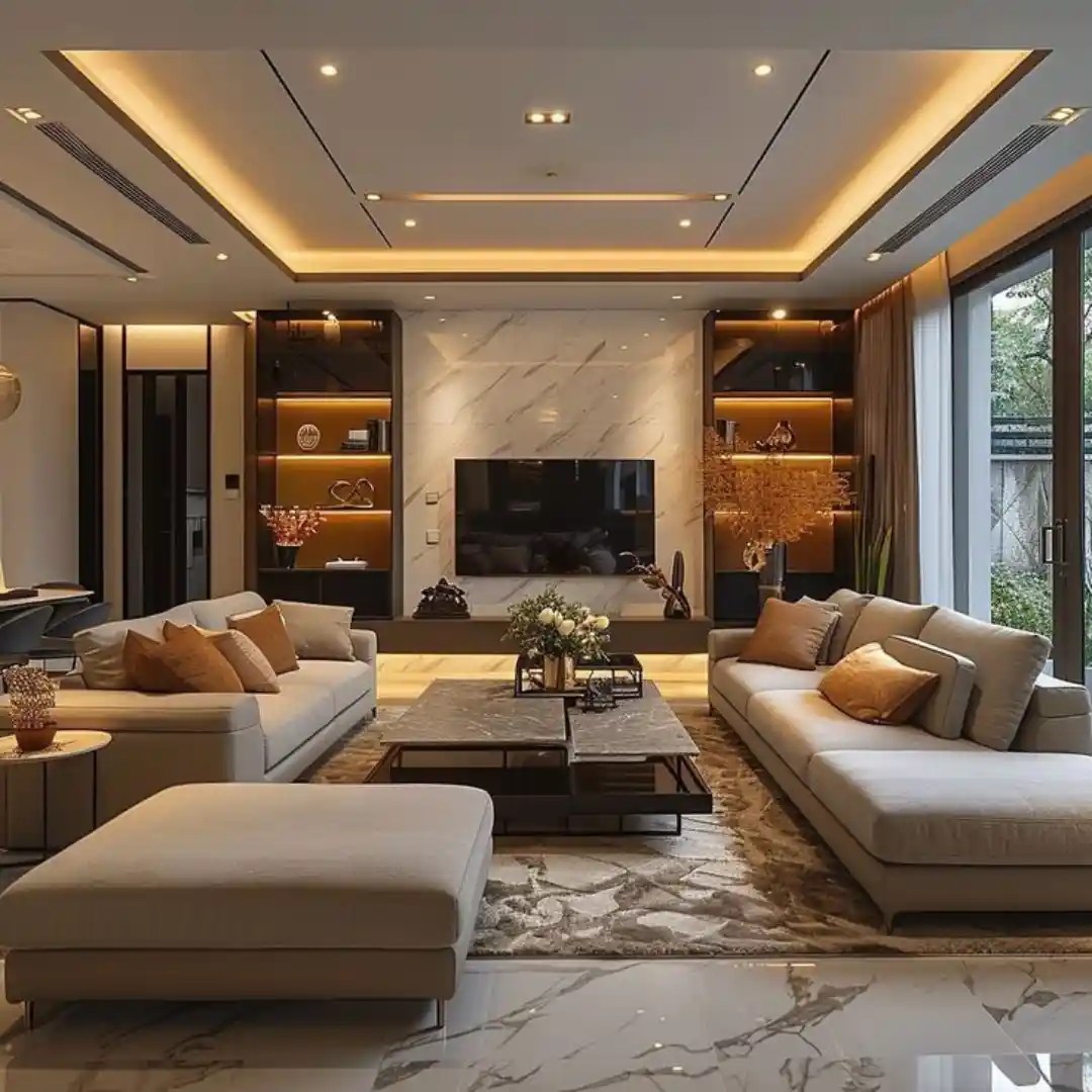 Modern open-concept living space with a sleek staircase, minimalist kitchen, and cozy white sofa under warm ambient lighting.