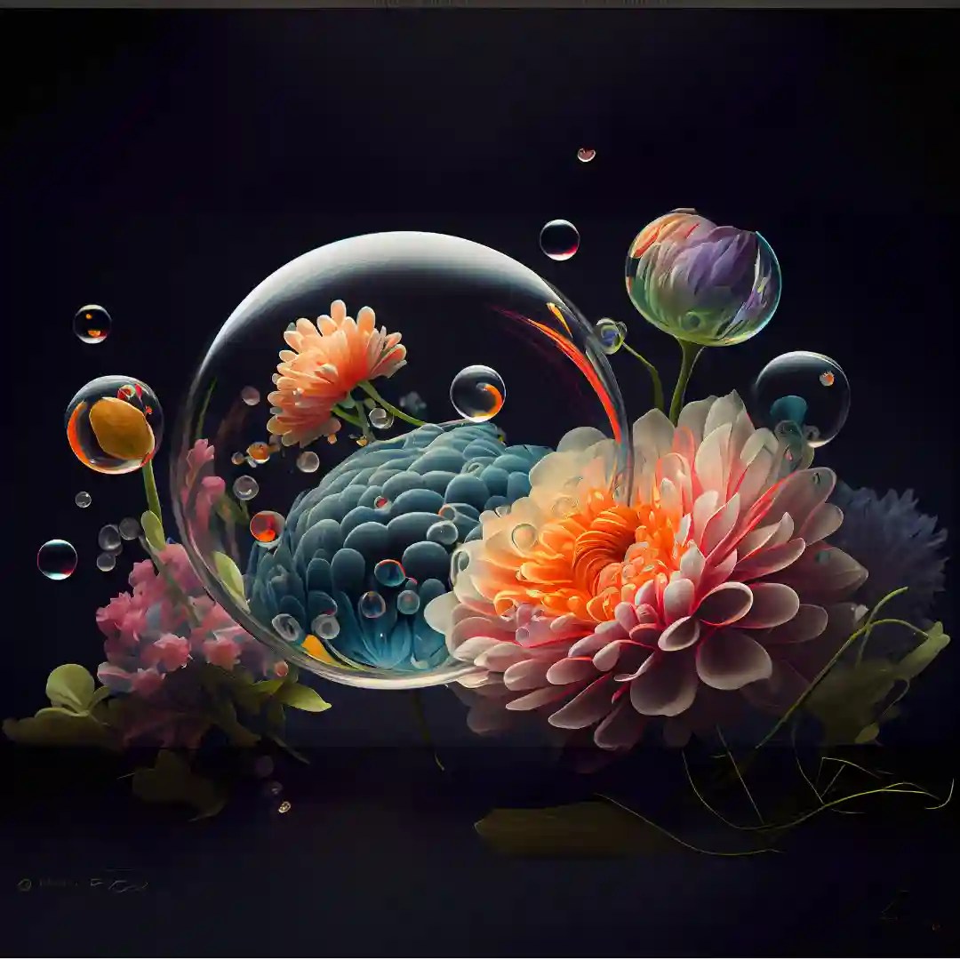 Vibrant floral artwork with colorful flowers and floating bubbles, ideal for home décor in Delhi, Gurgaon, and Noida