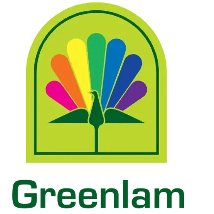 Greenlam Laminates logo with colorful peacock design — premium laminate brand for modular kitchens — trusted durability and eco-friendly finishes