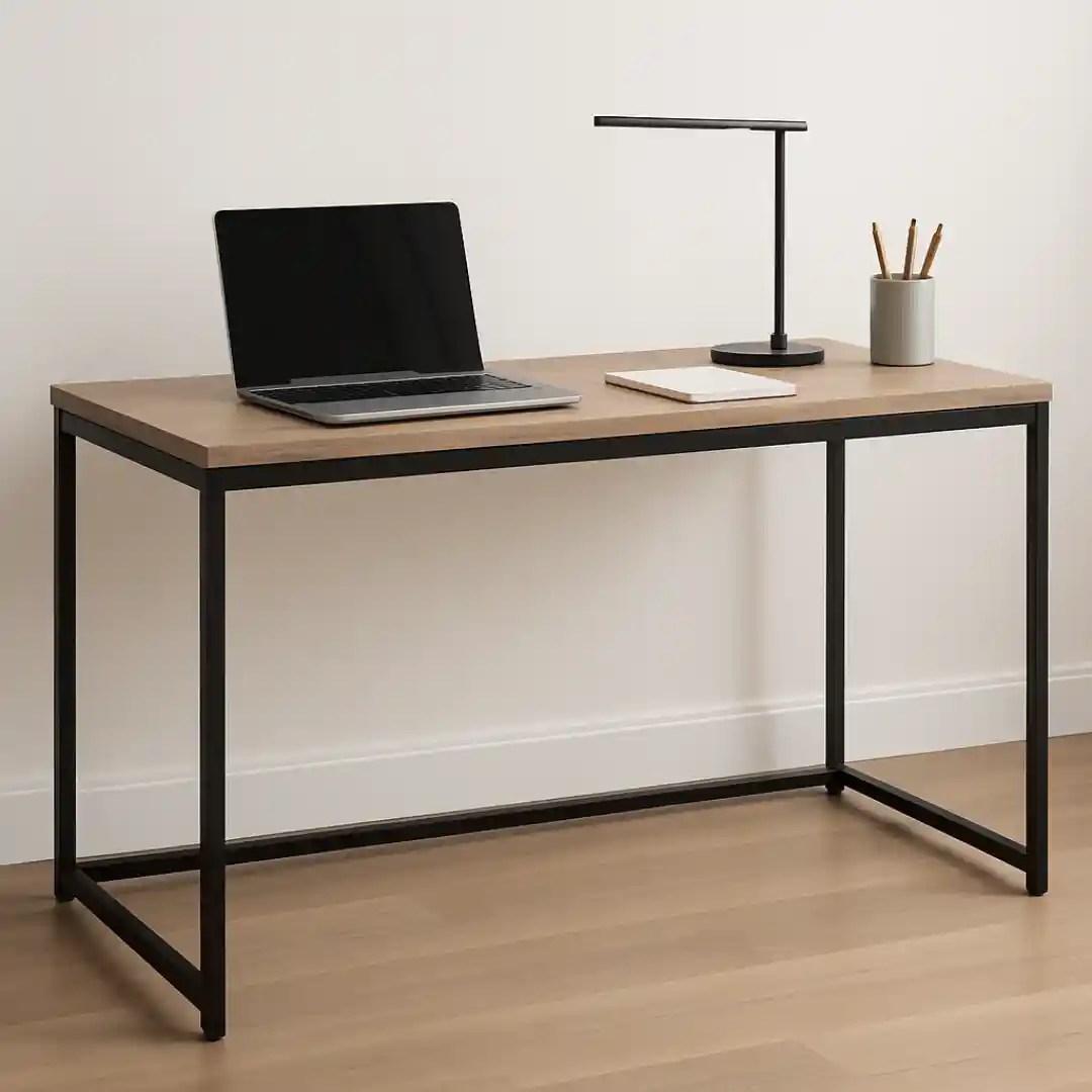 Modern minimalist desk with wooden top, black metal frame, laptop, lamp, and notebook — sleek home office workspace design