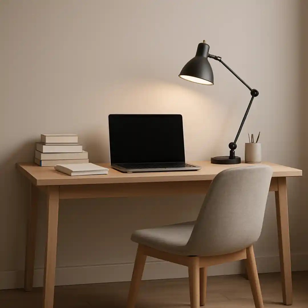 Minimalist home office desk with wooden table, laptop, black task lamp, books, and neutral chair — modern workspace design