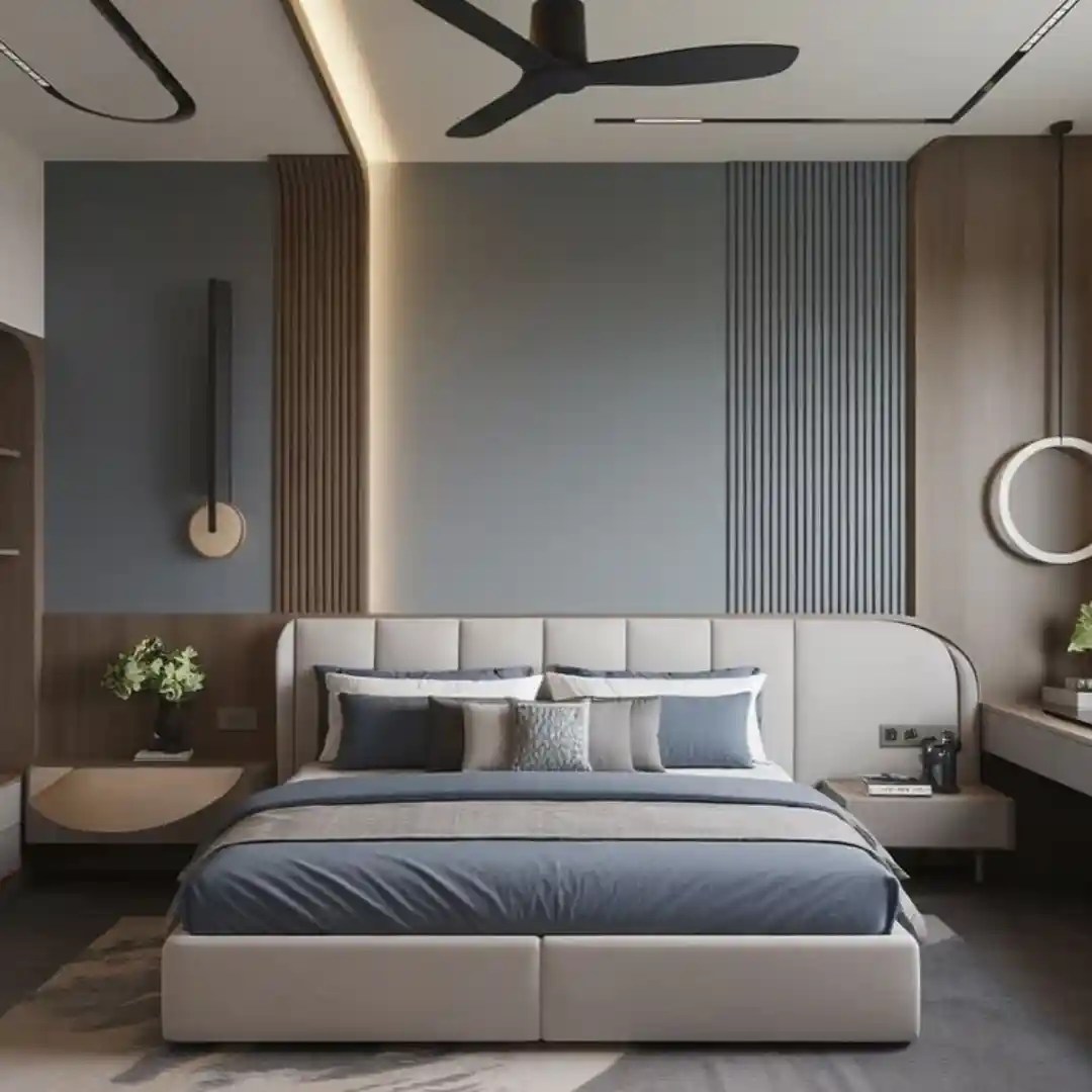 Modern bedroom with gray bed, wooden panel wall, LED lighting, ceiling fan, and floating nightstands — minimalist design