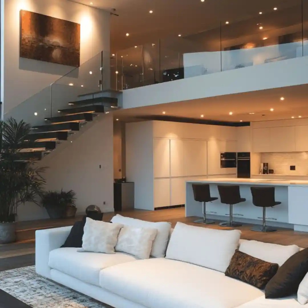 Modern open-concept living space with a sleek staircase, minimalist kitchen, and cozy white sofa under warm ambient lighting.