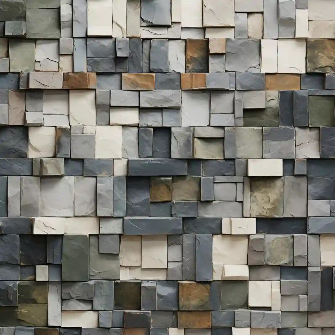 Modern stone mosaic wall with textured tiles in neutral tones, ideal for interior design in Delhi, Gurgaon, and Noida