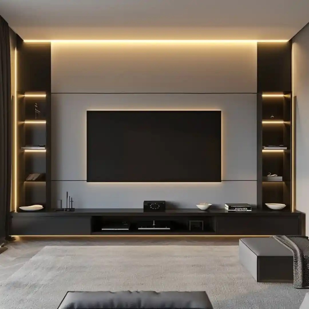 Modern TV wall with black frame, LED lighting, floating shelves, and minimalist design — sleek living room setu