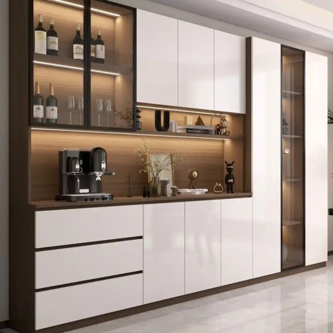 Modern kitchen cabinet with wine display and coffee station.