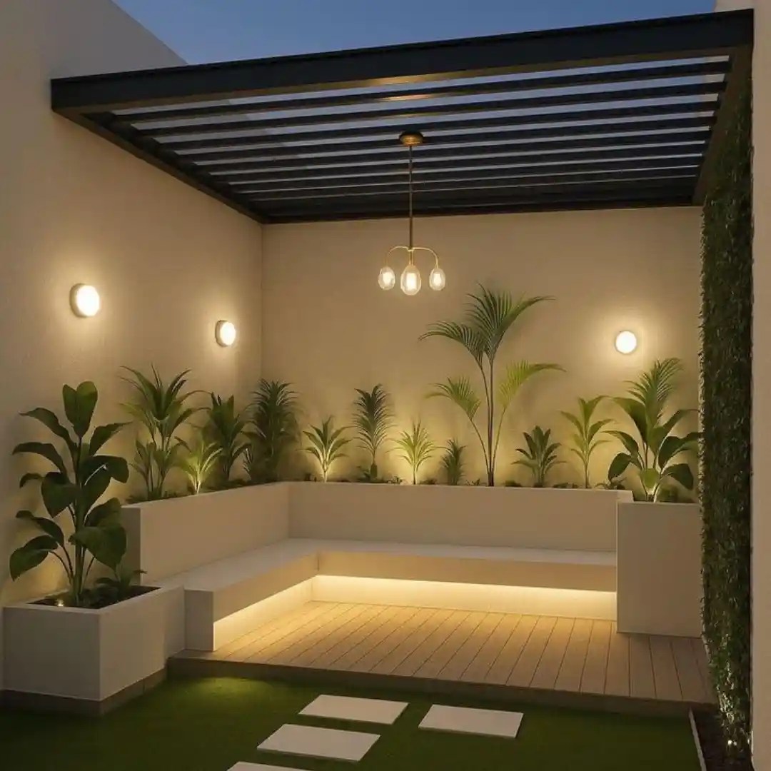 Modern outdoor lounge with built-in seating, warm lighting, lush greenery, and a sleek pergola for a cozy, inviting atmosphere.