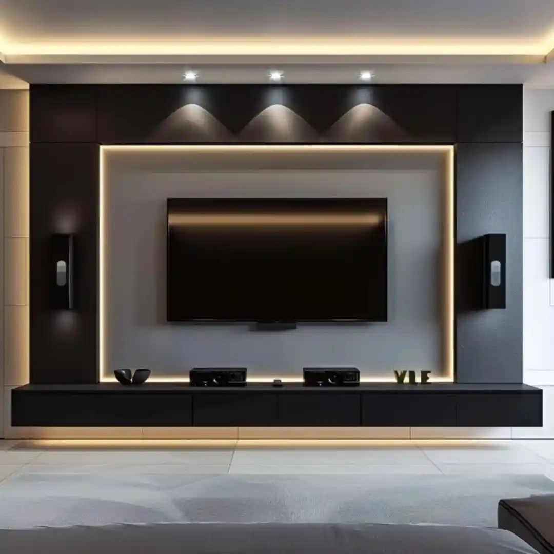 Modern TV wall with black finish, LED backlighting, floating shelf, and recessed lighting. Sleek design for contemporary living rooms.