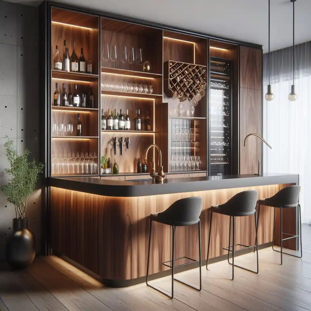 Modern home bar cabinet with wood paneling and under-cabinet lighting — elegant design for luxury homes in Delhi NCR — stylish and functional entertaining space
