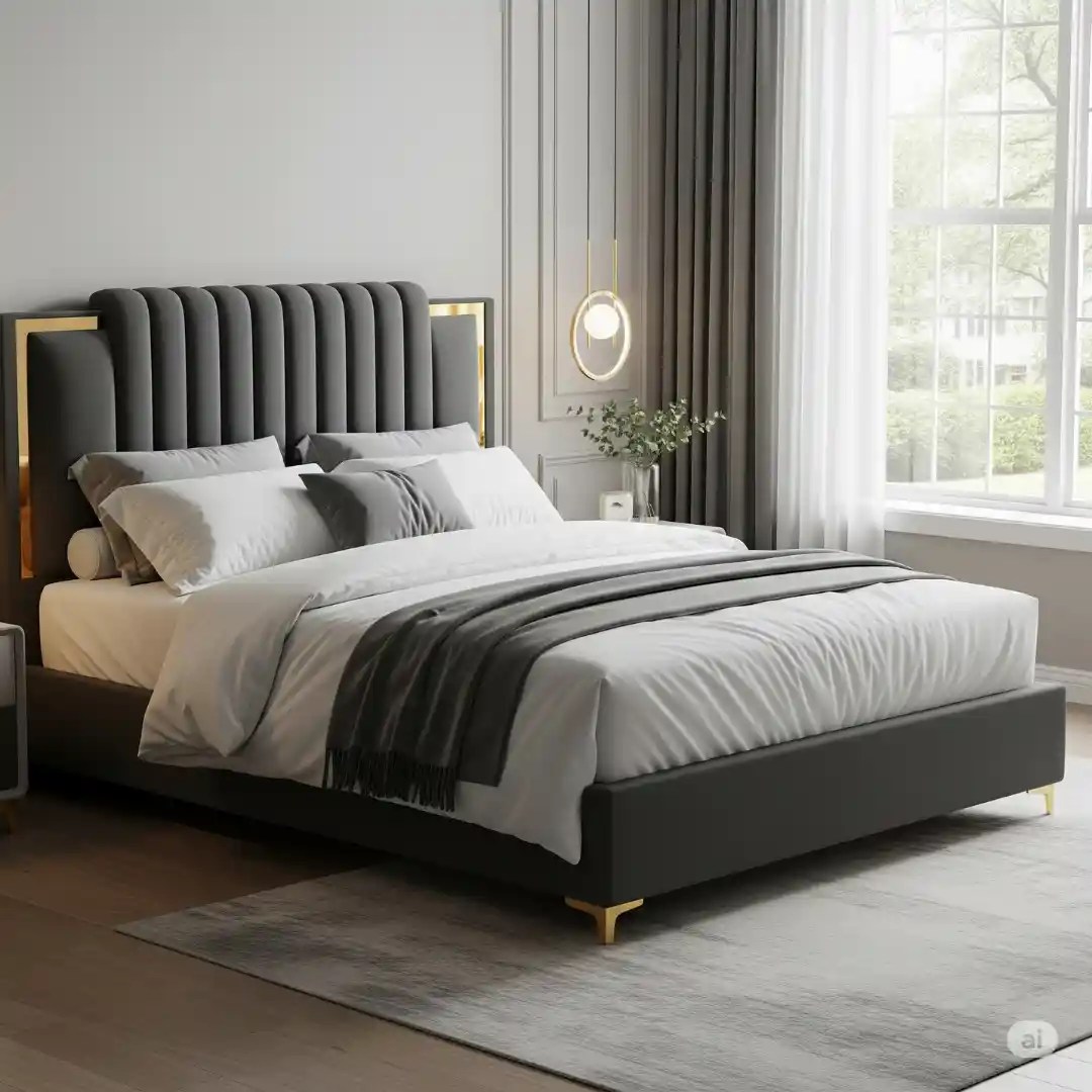 Modern bed with gray tufted headboard, gold accents, white bedding, and large window — elegant bedroom design