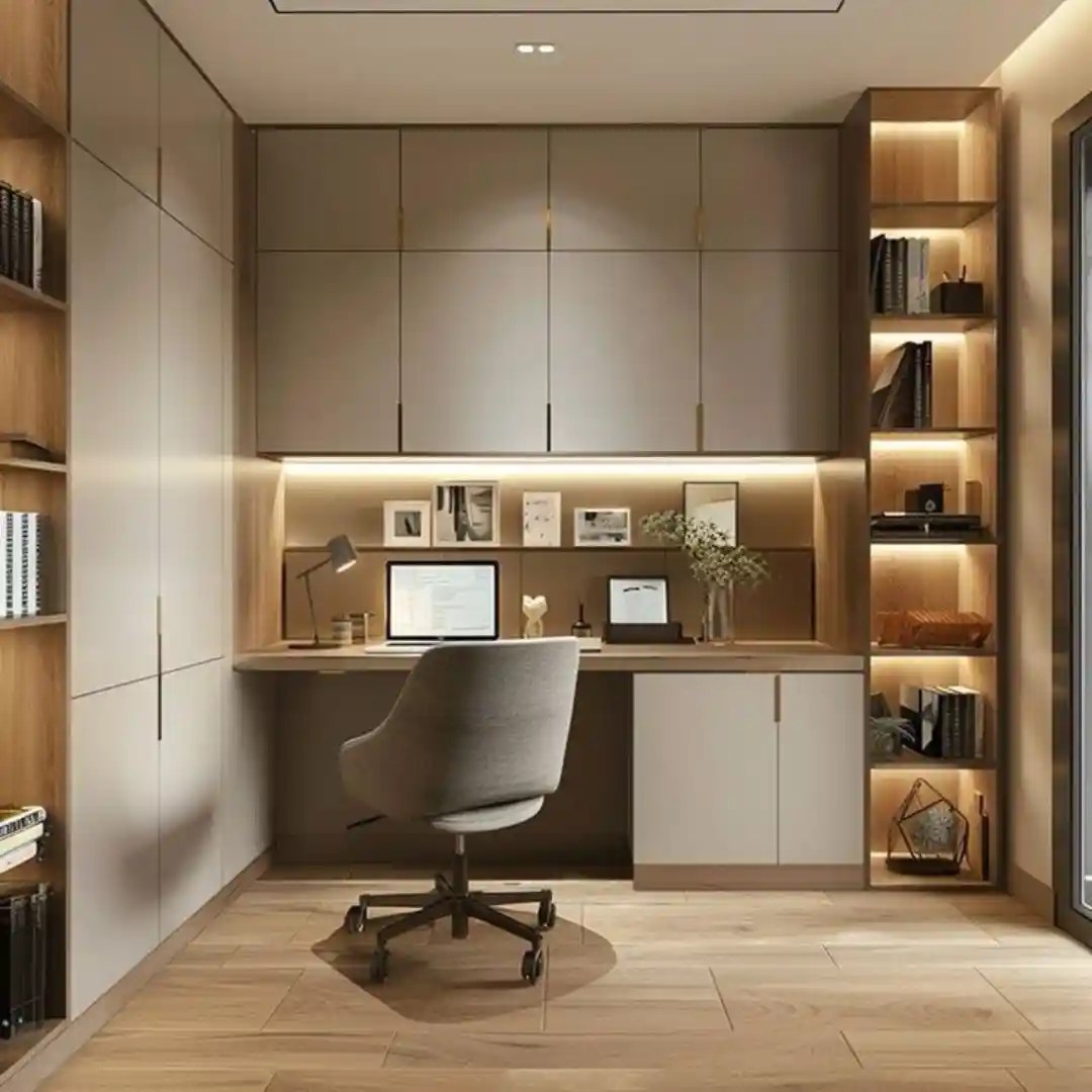 Modern home office with built-in desk, wooden cabinets, LED lighting, shelves, and gray chair — sleek workspace design