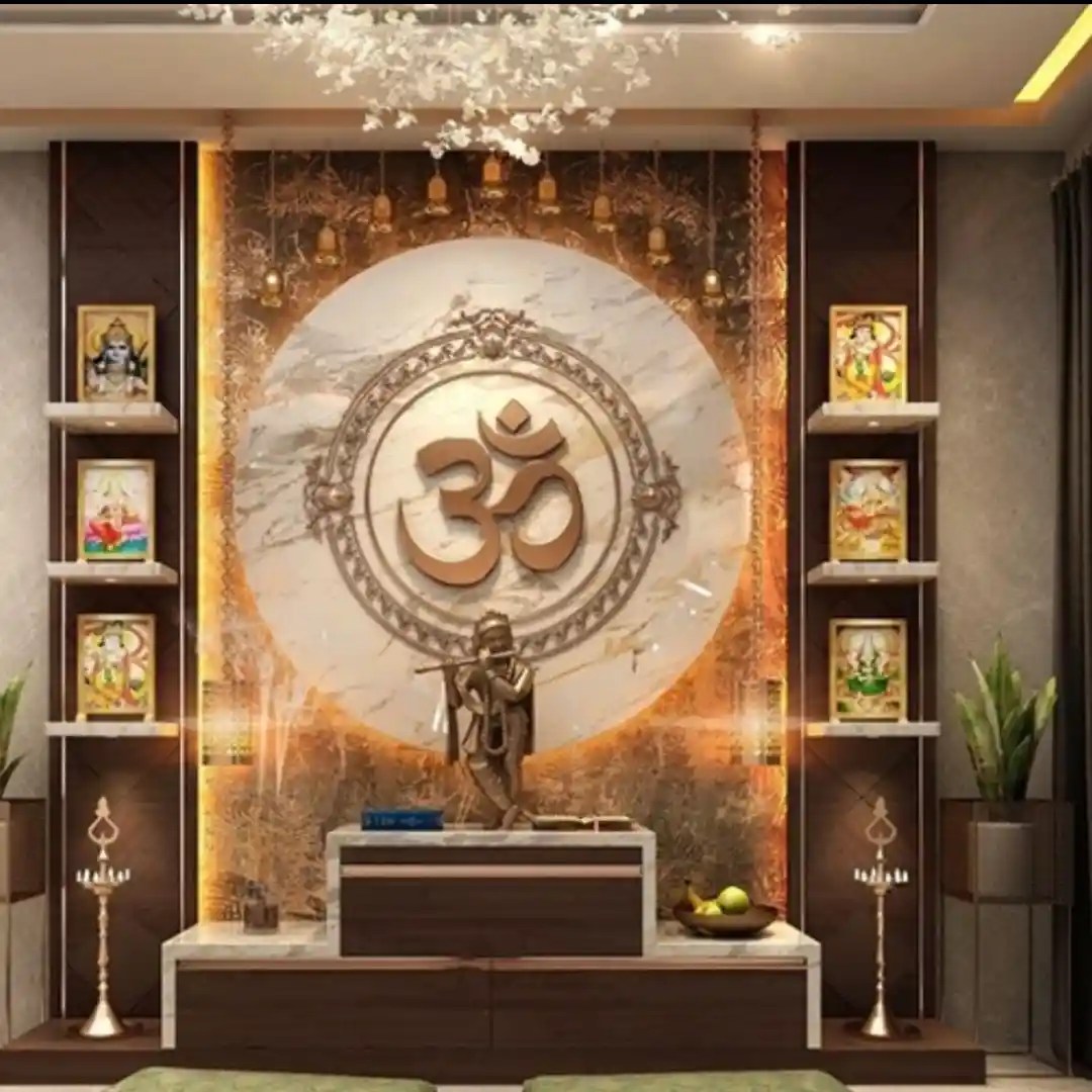 Luxurious modern pooja room with Om symbol, Krishna idol, marble backdrop, and warm LED lighting — elegant Indian prayer space