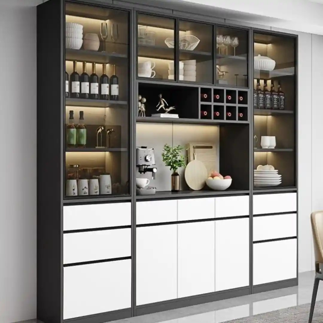 Modern kitchen cabinet with glass doors and wine storage.