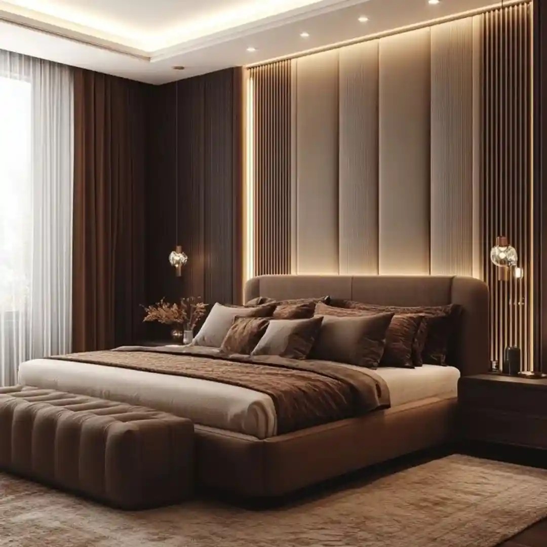 Luxurious bedroom with a modern design, featuring a plush bed, ambient lighting, and elegant wooden paneling for a cozy, sophisticated atmosphere.
