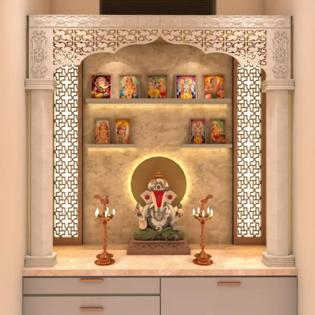 Modern home temple design with Ganesha idol, LED lighting, and carved arch panel — elegant Indian pooja room interior