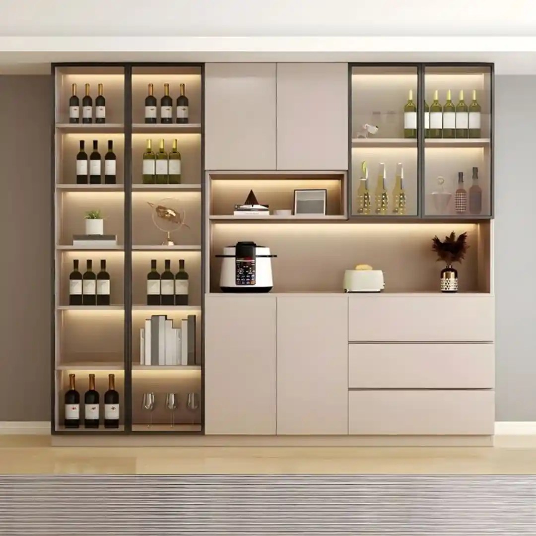 Modern kitchen cabinet with wine storage and appliances.