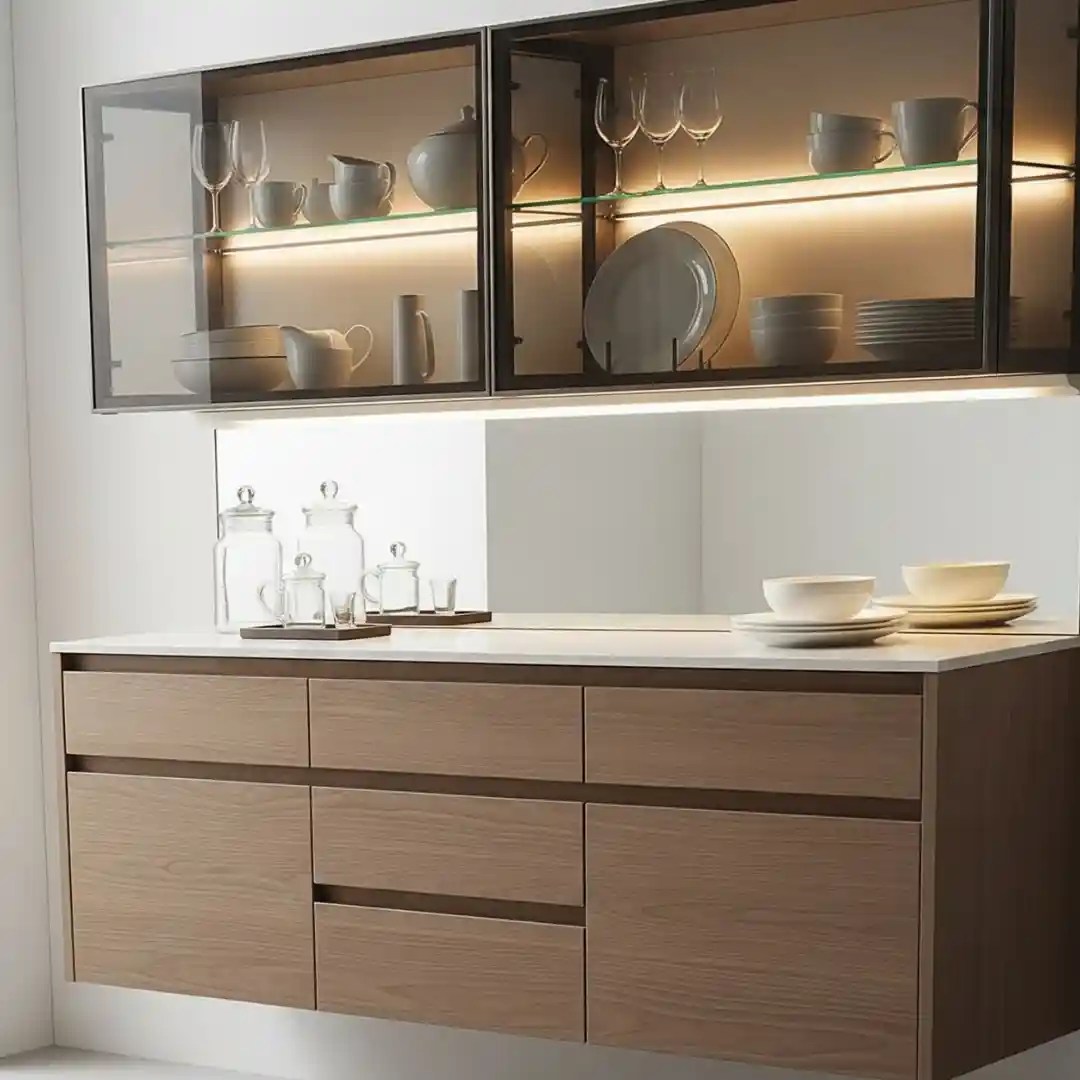 Modern kitchen cabinet with glass doors, illuminated shelves displaying fine tableware, and a sleek wooden base with minimalist design.