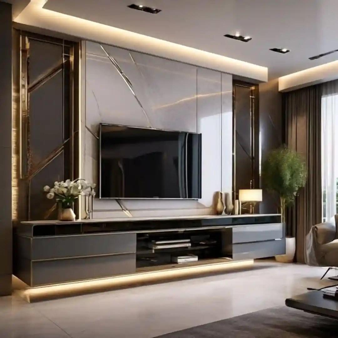 Modern TV wall with mirror panel, LED lighting, floating cabinet, and gold accents — luxurious living room design