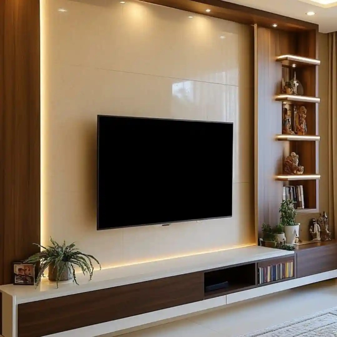 Modern TV wall with glossy panel, LED lighting, wooden shelves, and floating cabinet — elegant living room design