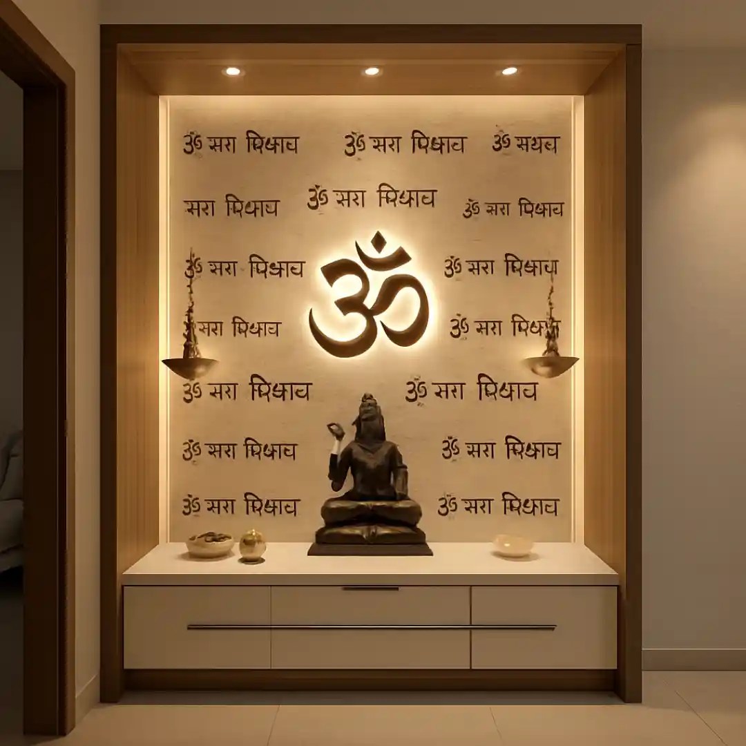 Modern home temple with Shiva idol and glowing Om symbol
