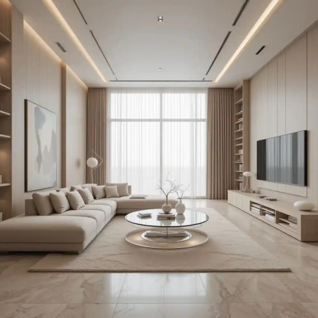 Minimalist living room with beige sectional sofa, glass coffee table, and large windows, ideal for modern homes in Delhi, Gurgaon, and Noida