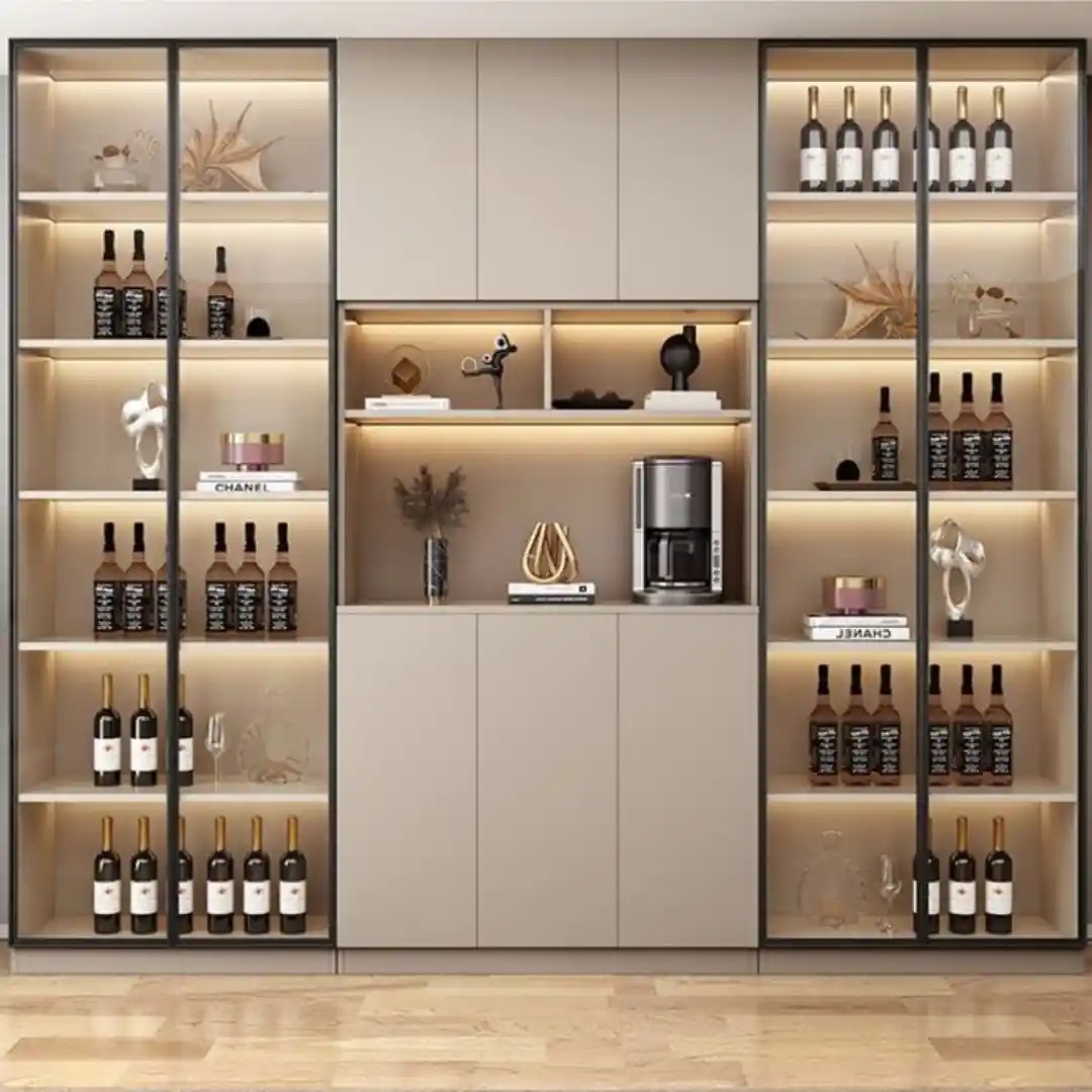 Modern illuminated wine cabinet with glass doors and decor.