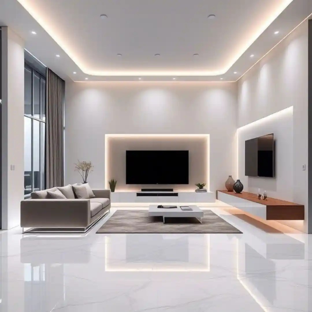 Modern living room with white marble flooring, LED lighting, and a sleek TV wall, ideal for homes in Delhi, Gurgaon, and Noida
